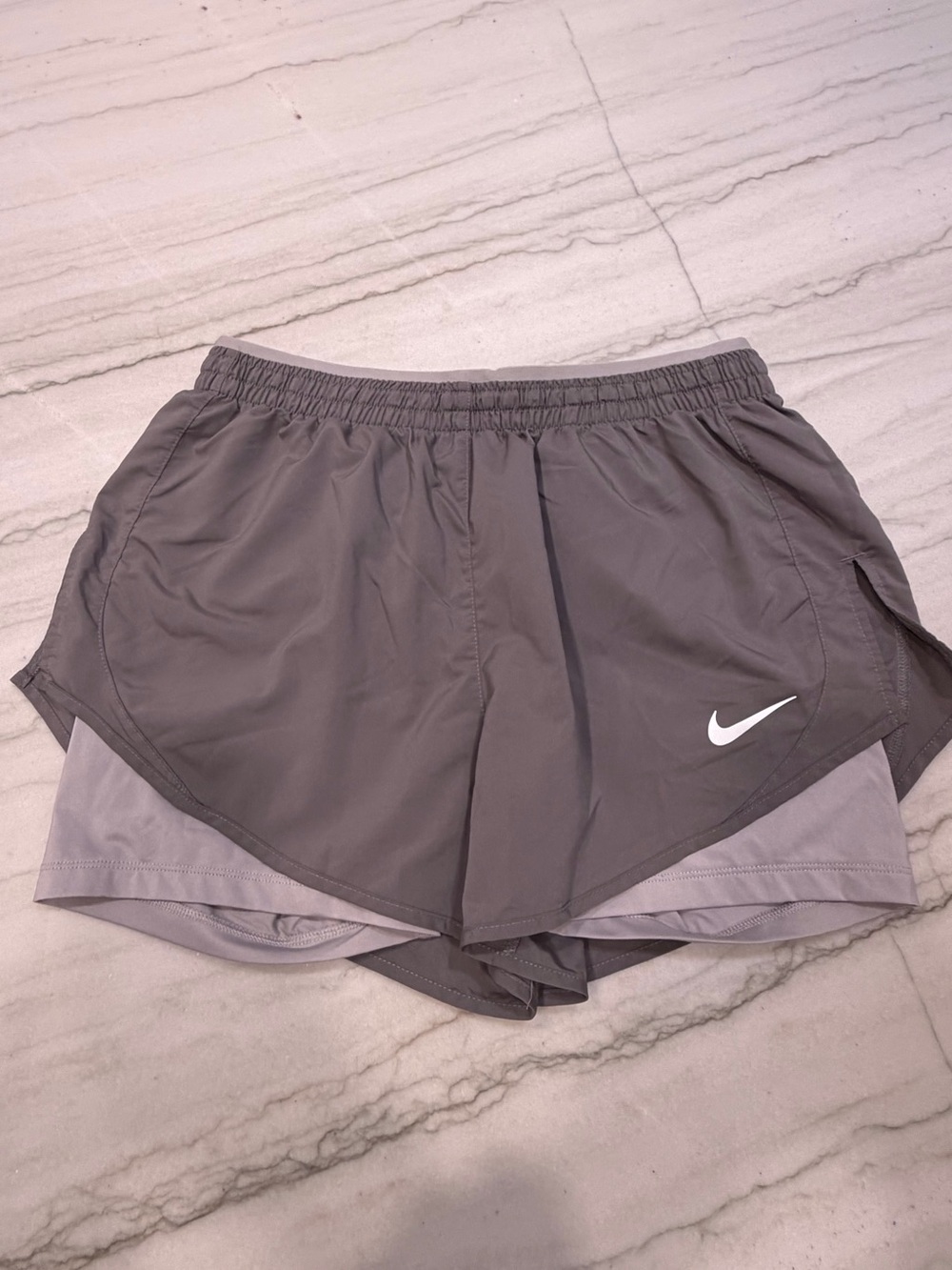 Nike Light Gray Dri-FIT Running Shorts with Black Drawstrings